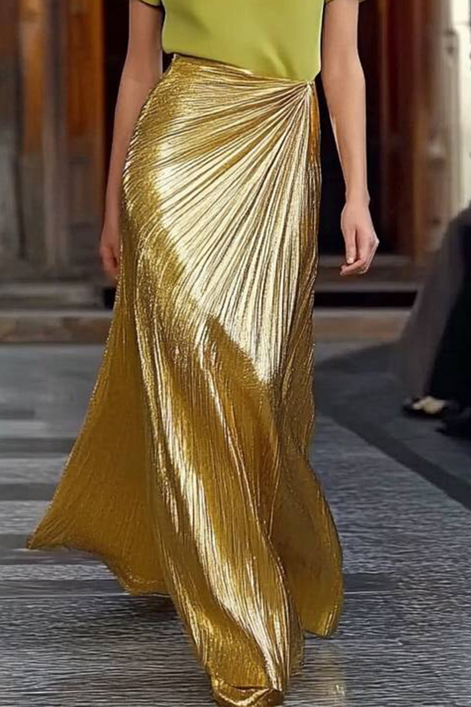 Cocktail Prom Gold Skirt Pleated Maxi Dress