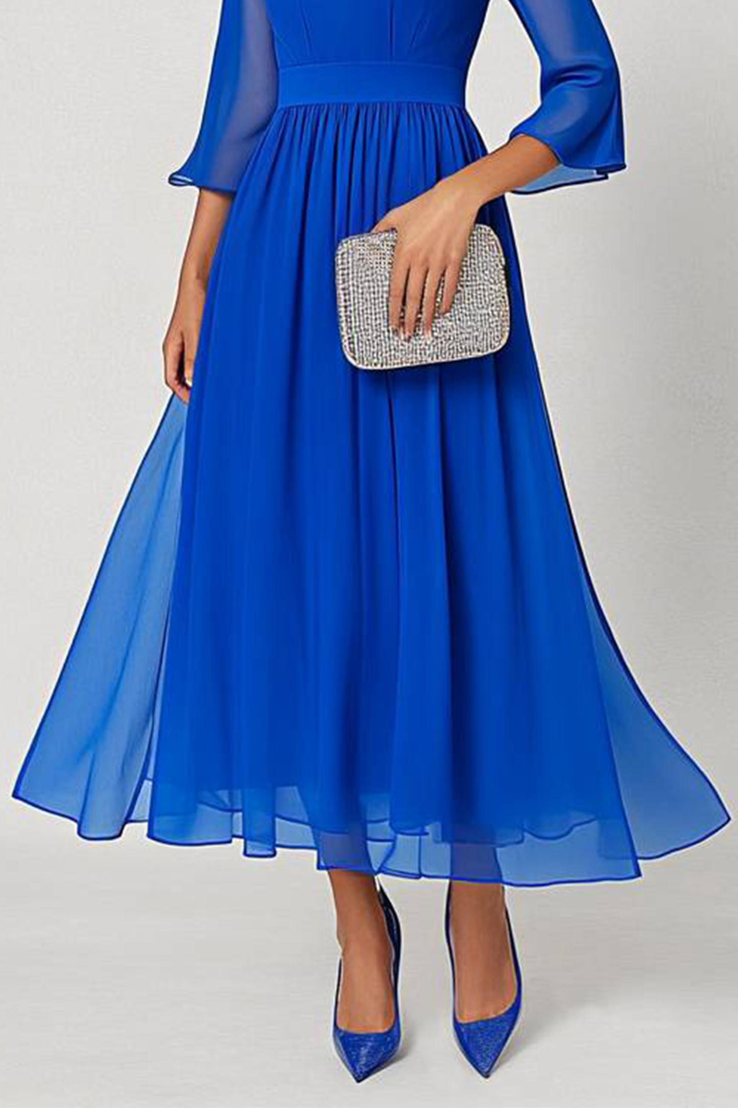 Party Prom Blue Dress Long Sleeve Round Neck Pleated Midi Dress