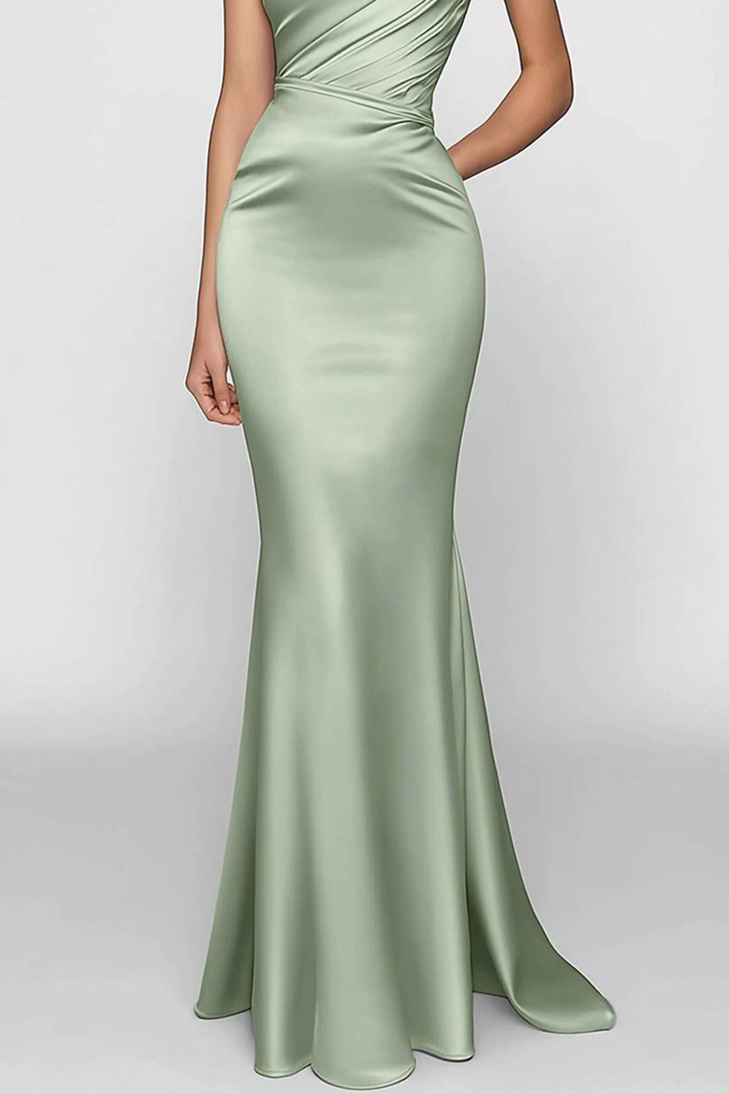Evening Prom Sage Green Dress One Shoulder Satin Pleated Maxi Dress