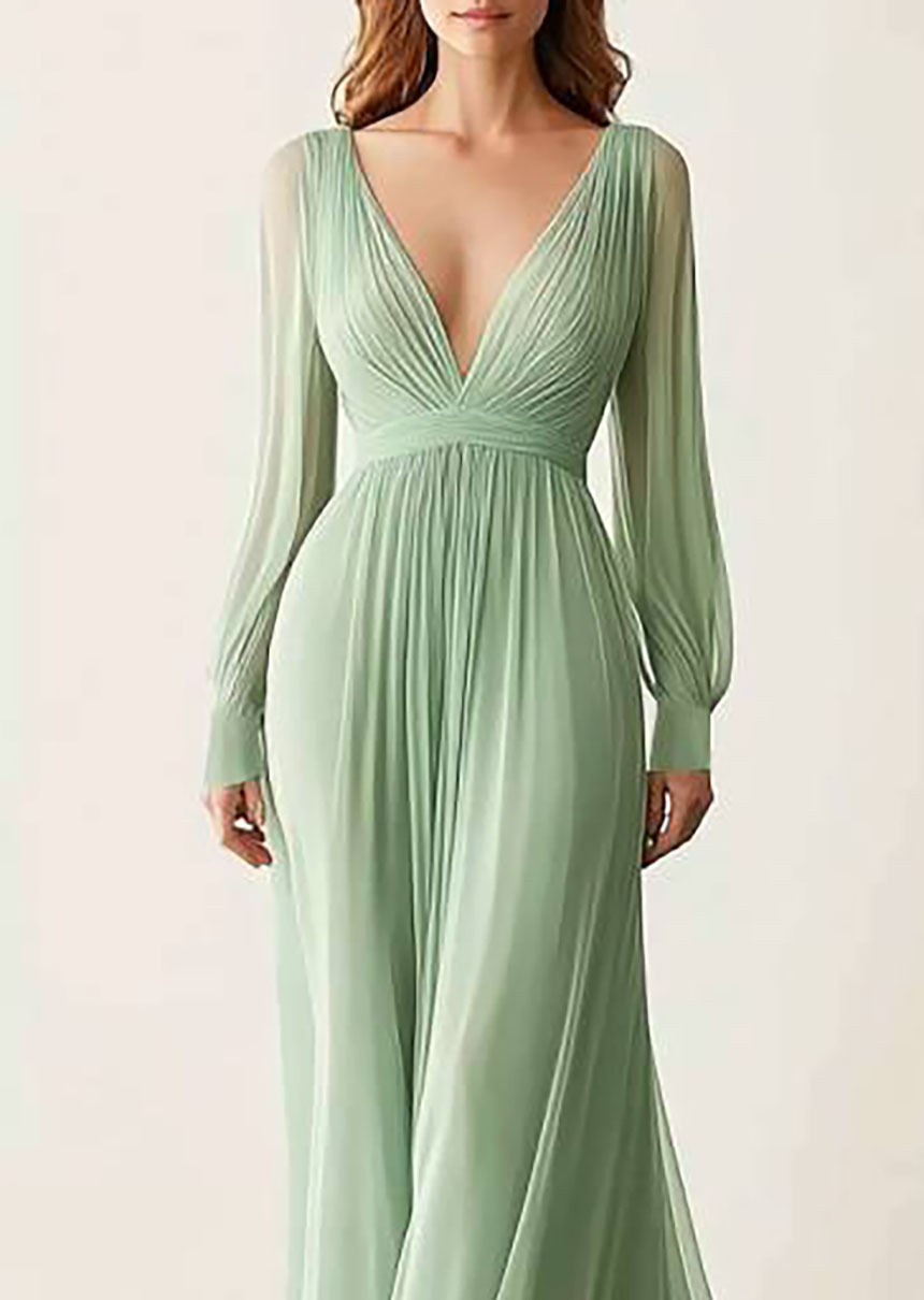 Prom Evening V-Neck Green Long Sleeve Maxi Dress