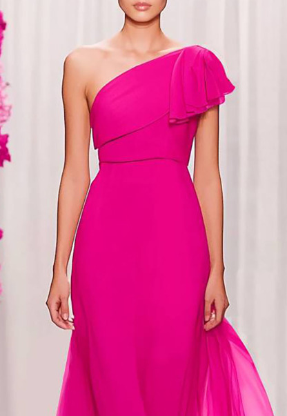 Formal Prom Dress Evening One-Shoulder Pink Floor Length Dress
