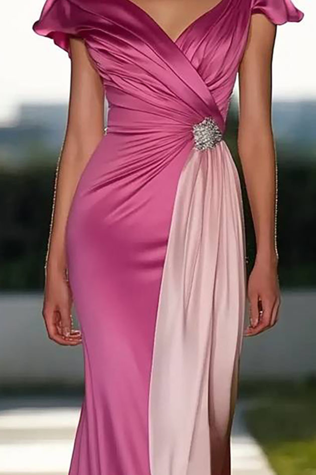 Party Prom Dress Evening Short Sleeve Pink Maxi Dress