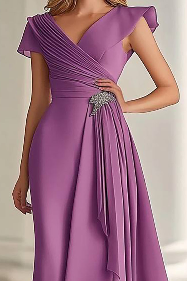Formal Prom Dress Evening Short Sleeve Purple Long Length Dress