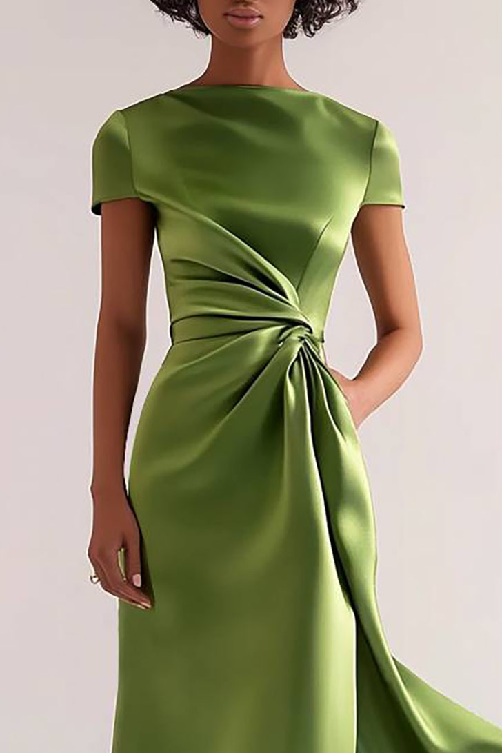Wedding Guest Dress Short Sleeves Green Midi Mother of Bride Dress