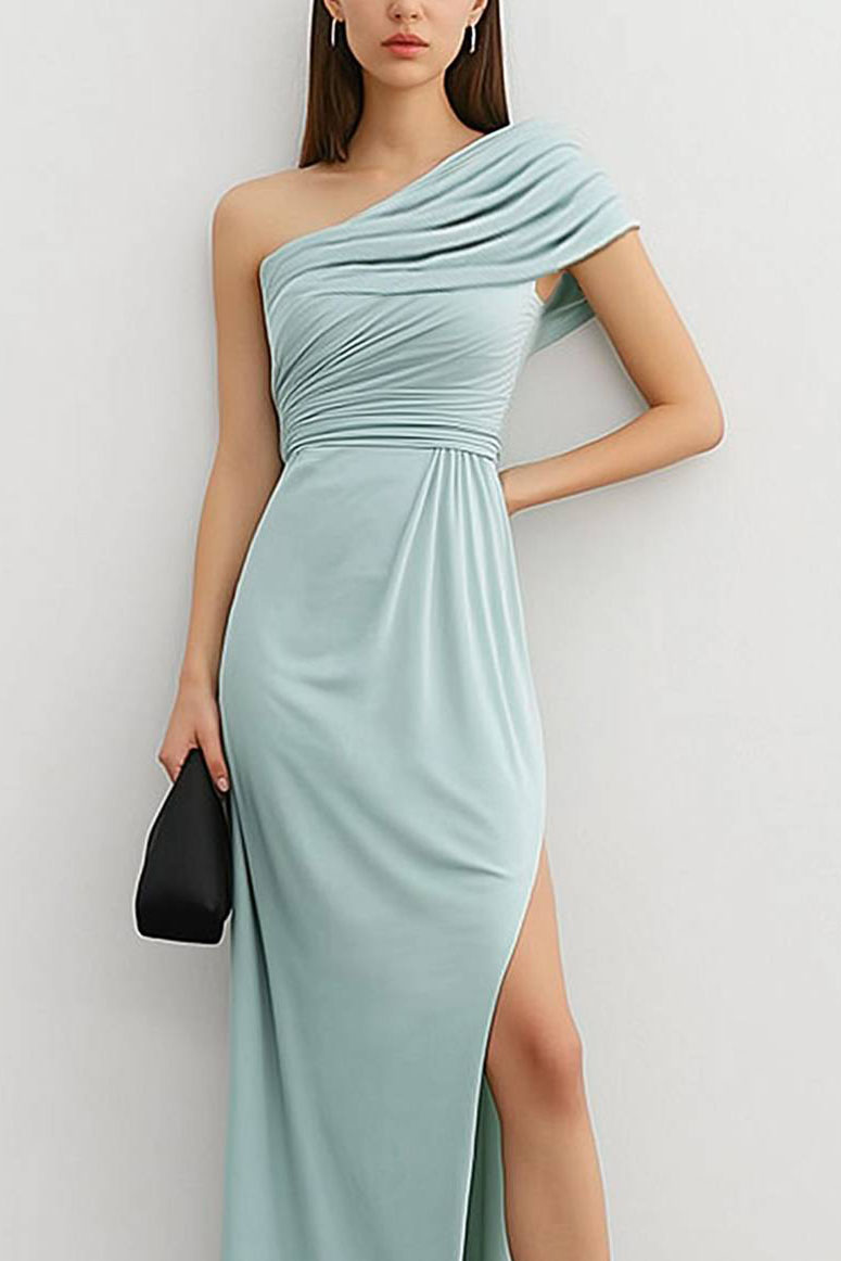 Work Dress One Shoulder Light Green Split Maxi Dress