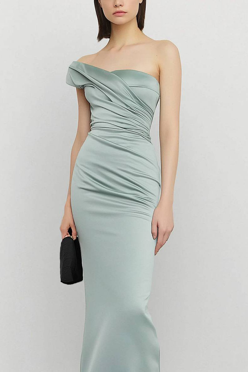 Formal Work Dress One Shoulder Light Green Maxi Dress