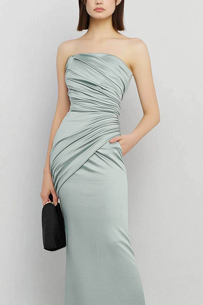 Work Dress Formal Off-shoulder Pleated Light Green Maxi Dress