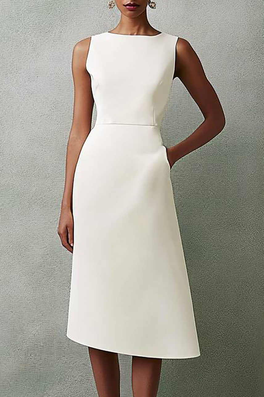 Asymmetrical hem midi work dress in white