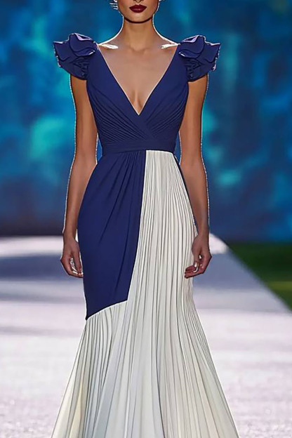 Evening Party Purple Dress Color-block Deep V Pleated Floor-Length Dress