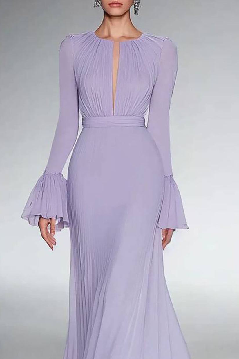 Party Formal Dress Purple Deep V-Neck Long Sleeve Ruffle Floor-Length Dress
