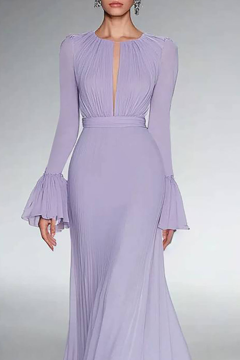 Party Formal Dress Purple Deep V-Neck Long Sleeve Ruffle Floor-Length Dress