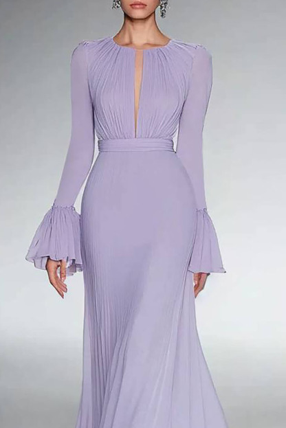 Party Formal Dress Purple Deep V-Neck Long Sleeve Ruffle Floor-Length Dress