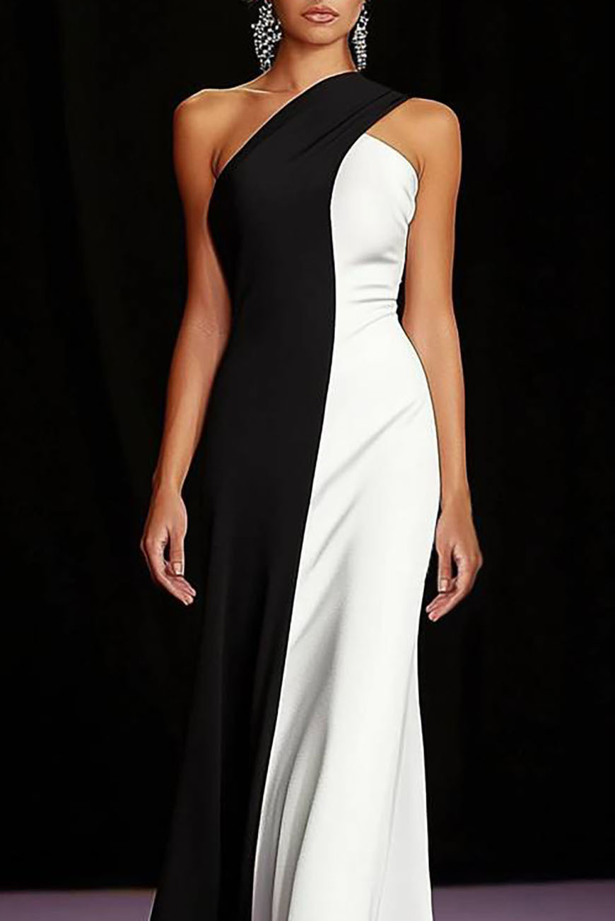Formal Evening Black White Dress Color-block Sleeveless Floor-Length Dress