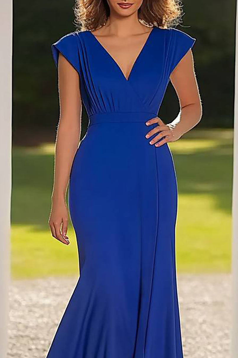 Semi-Formal Party Blue Dress V-Neck Pleated Maxi Dress