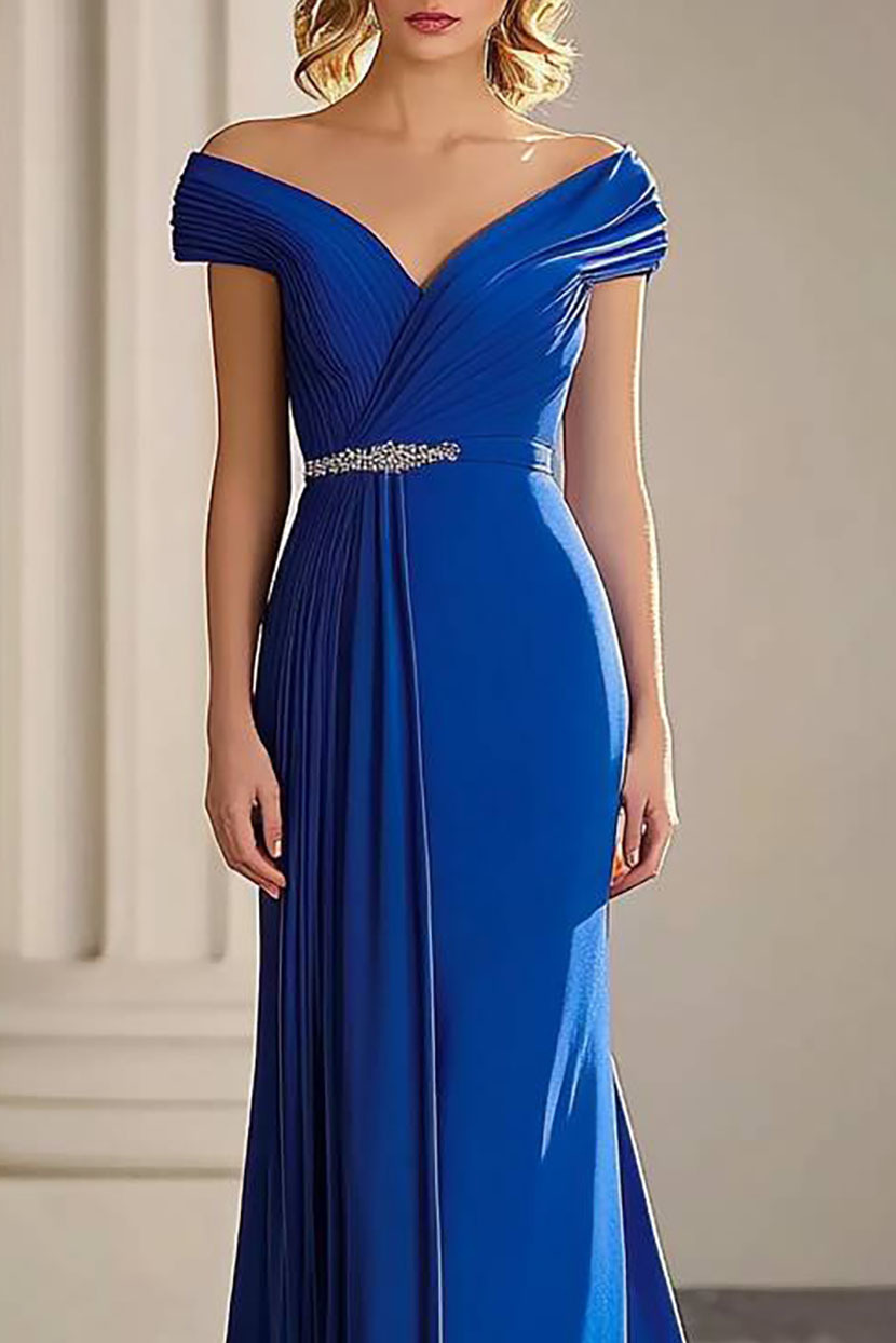 Elegant Formal Off-Shoulder Dress Waist Detail Pleated Floor-Length Dress