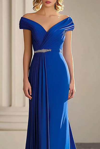 Elegant Formal Off-Shoulder Dress Waist Detail Pleated Floor-Length Dress