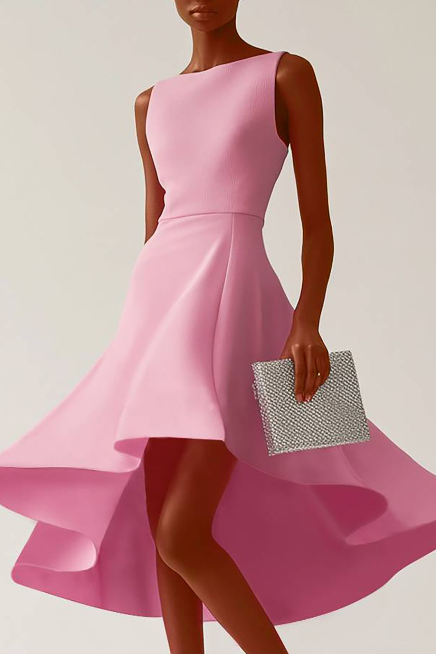 Party Dress Pink Sleeveless Boat Neck Full Skirt Midi Dress