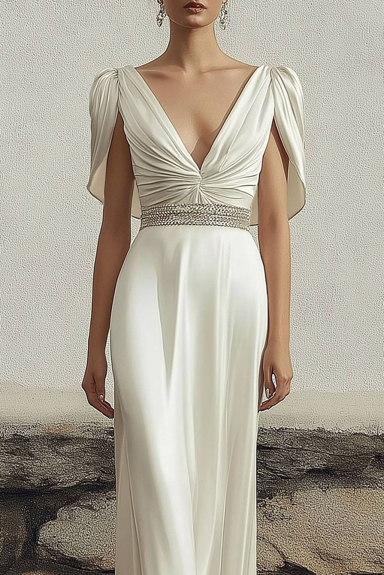 Evening Party Satin Dress White Deep V-Neck Rhinestone Belt Slit Maxi Dress