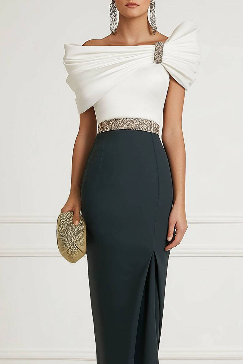 Semi-formal Party Color-block Dress One-Shoulder Pleated Rhinestone Maxi Dress