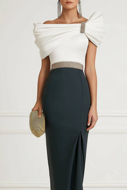 Semi-formal Party Color-block Dress One-Shoulder Pleated Rhinestone Maxi Dress