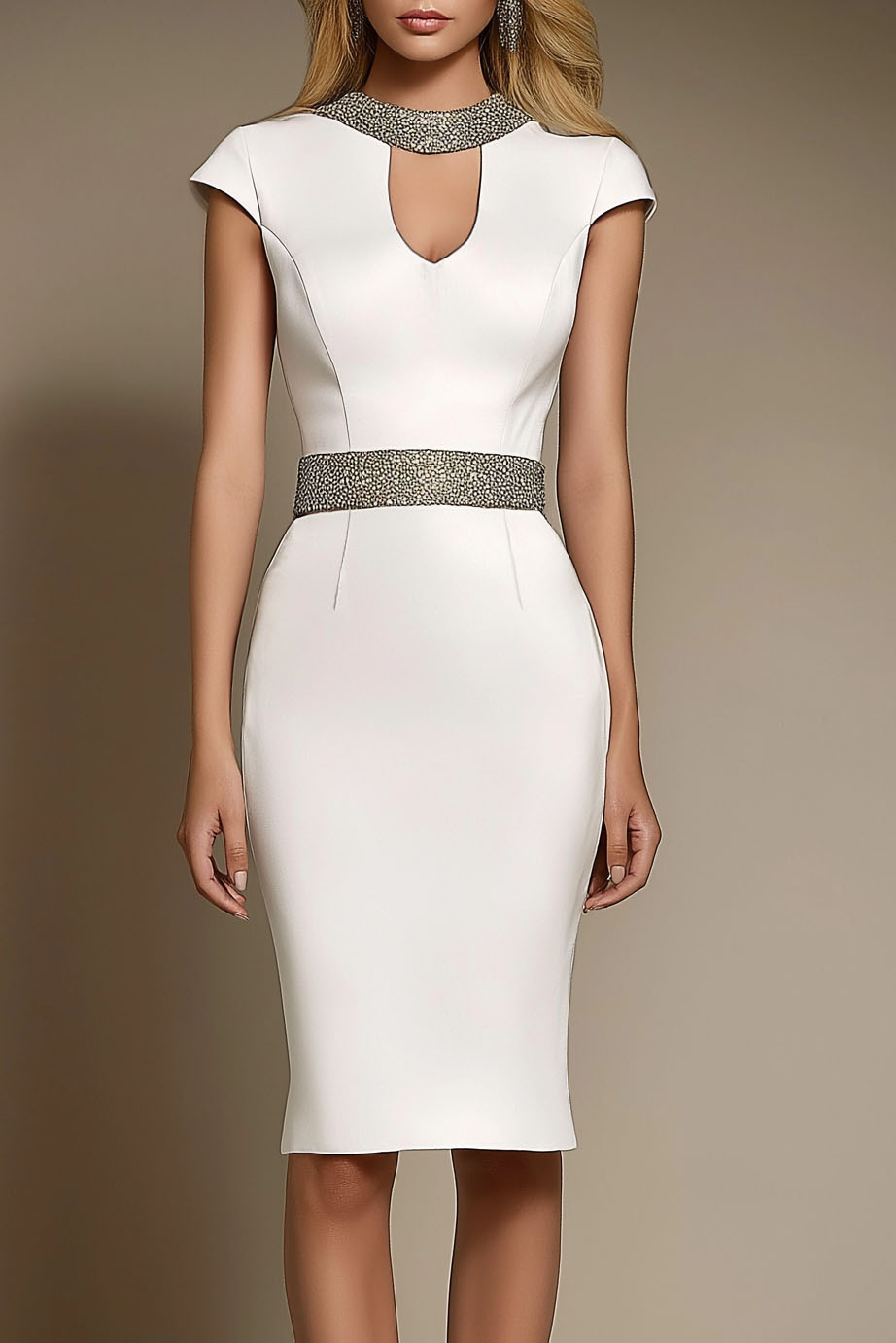 Cocktail Semi-Formal Dress White Hollow-Out Crew Neck Knee-Length Dress