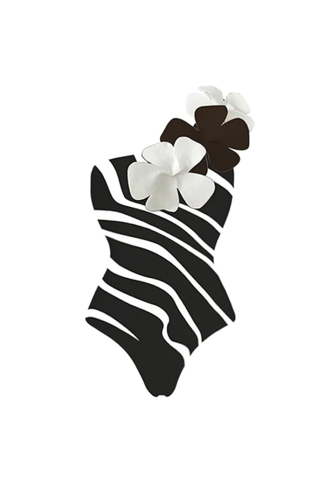 Zebra Striped One-Piece Swimsuit and Cover-Up with 3D Flower Straps