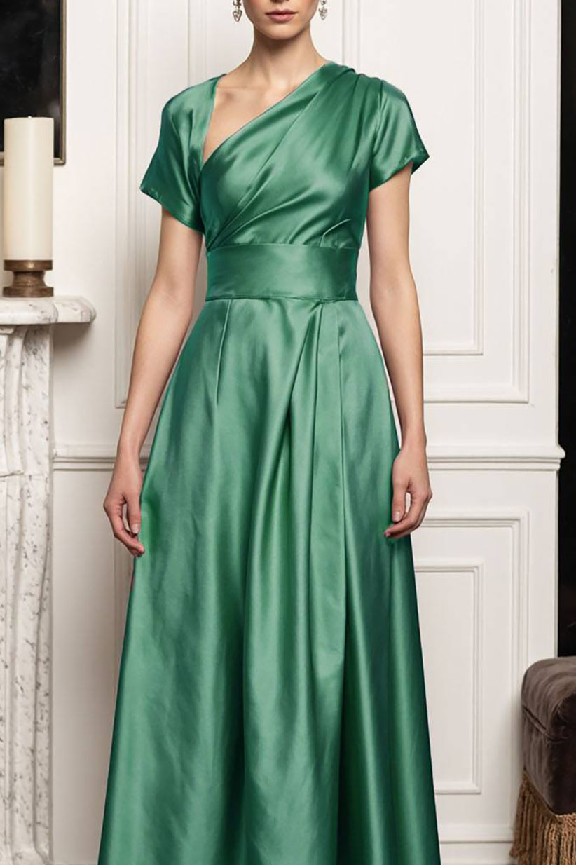 Prom Satin Dress Green Asymmetrical Neck Short Sleeve Floor-Length Dress