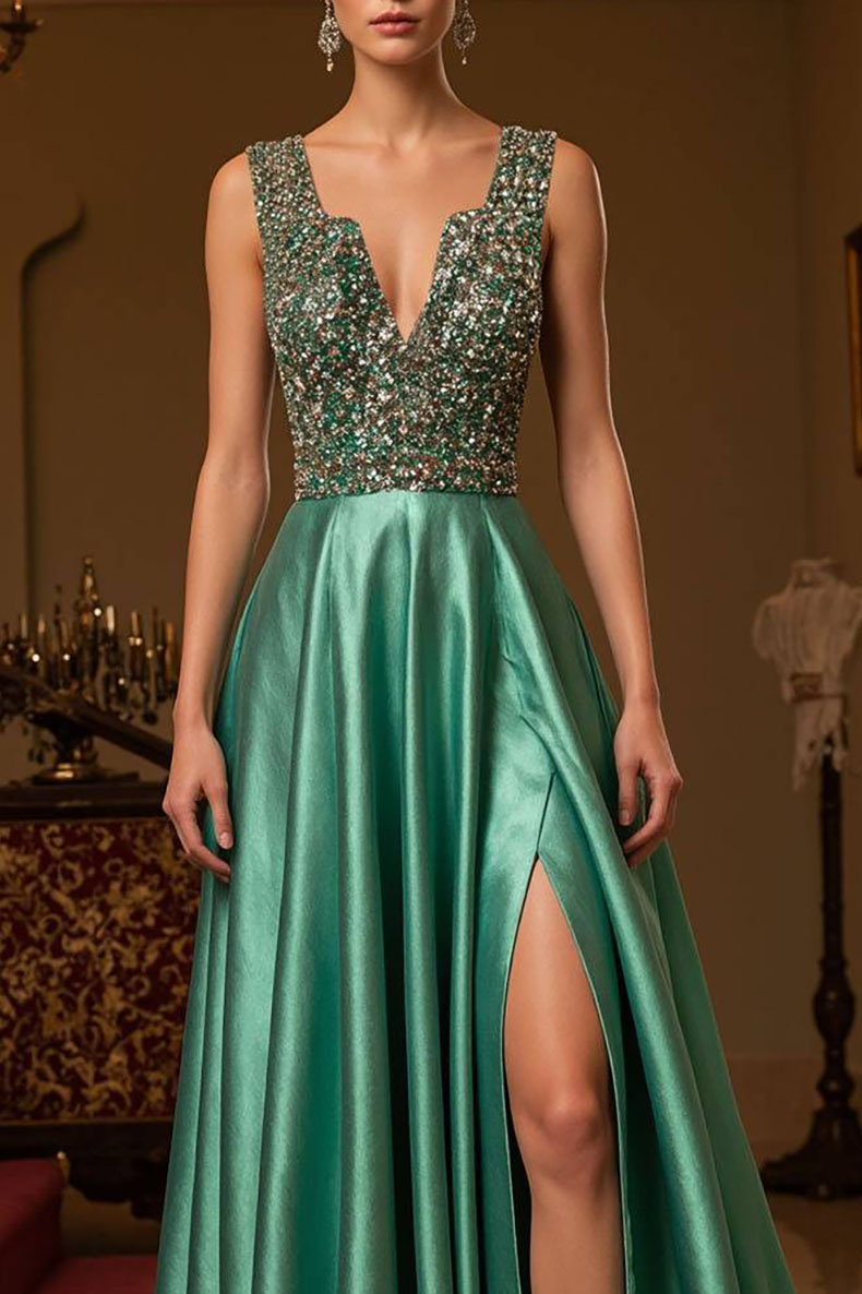 Formal Prom Beaded Dress Satin V-Neck Sleeveless Green High Slit Train Dress