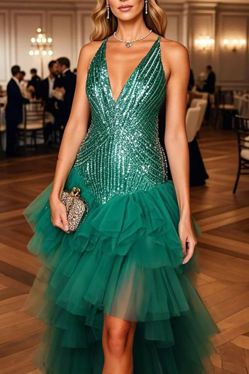 Chic Prom Sequin Dress Green Spaghetti Strap V-Neck Tulle High Low Midi Gown