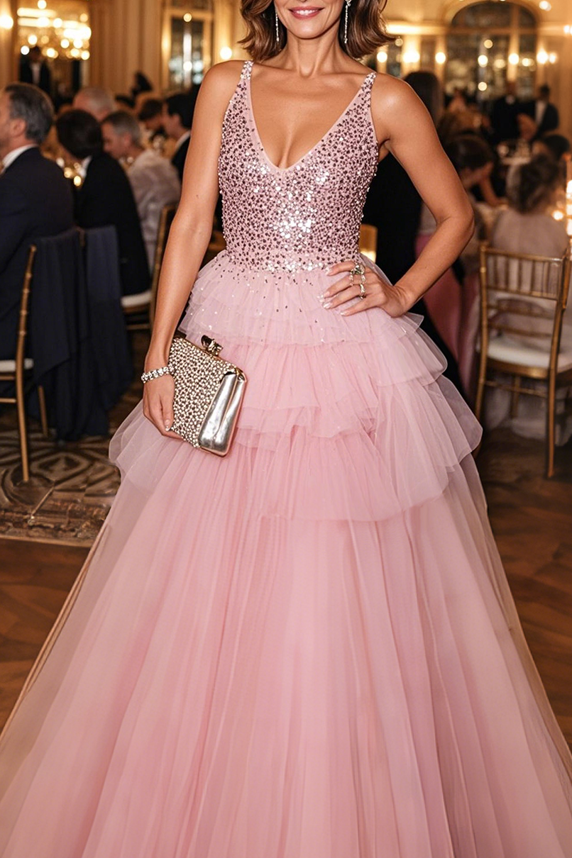 Formal Prom Sequin Dress Pink Spaghetti Strap V-Neck Tulle Floor-Length Dress