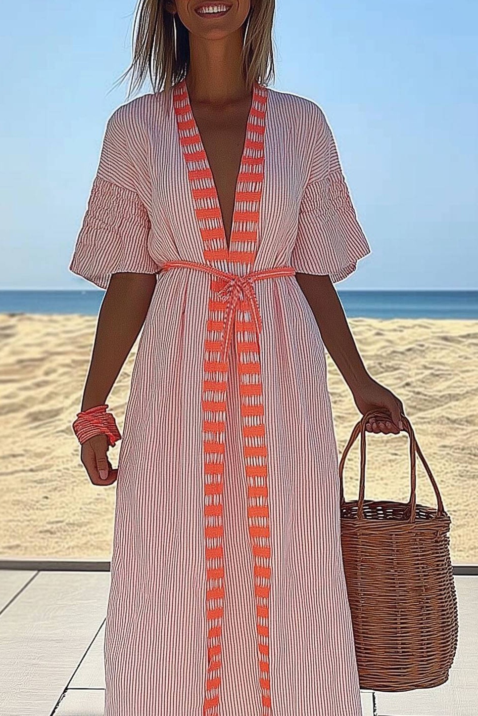 Vacation Casual Dress Orange Stripe Deep V Tie-Up Maxi Dress