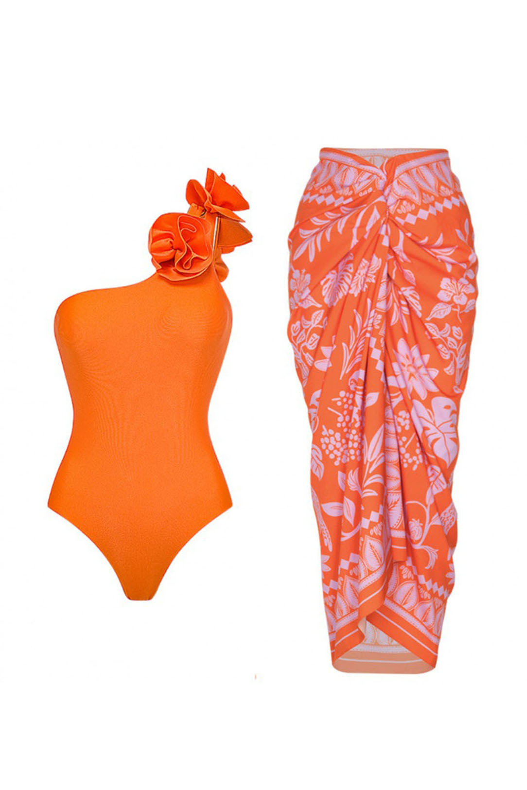 3D Black and White Houndstooth V-Neck One Piece Swimsuit and Wrap Skirt Cover-Up