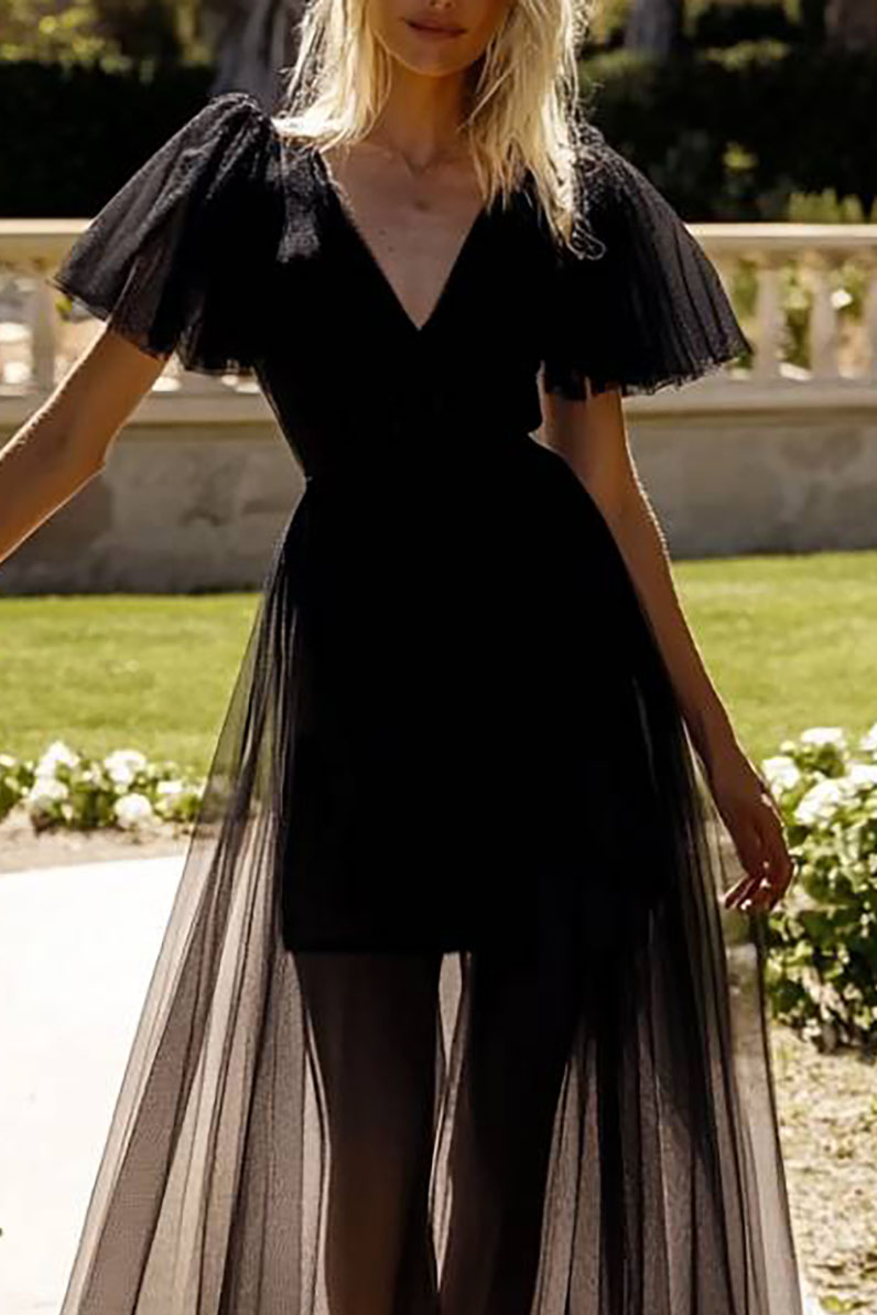 Party Prom Tulle Dress Black Ruffle V-Neck Maxi Dress