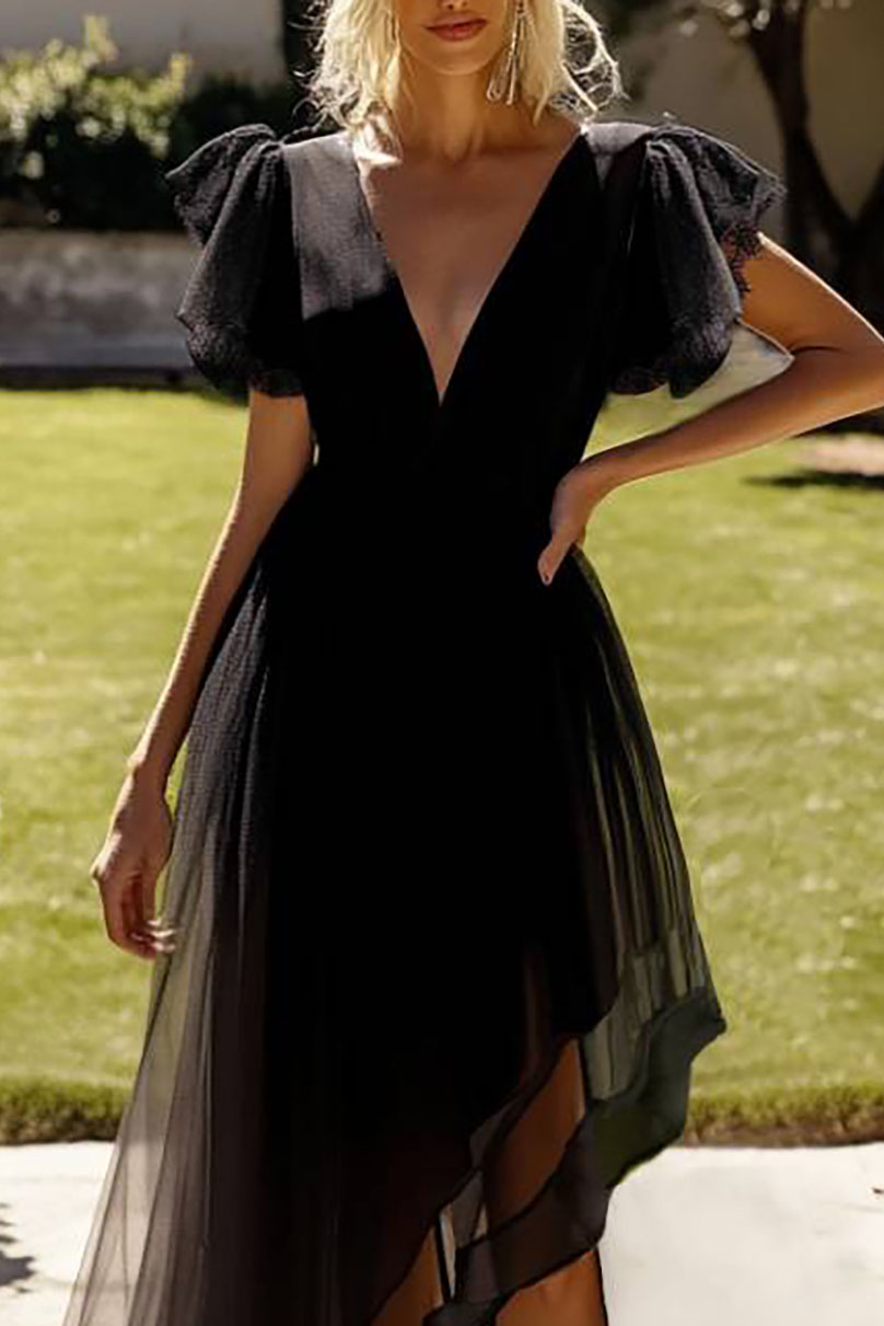 Party Prom Tulle Dress Black Ruffle Deep V-Neck Asymmetrical Floor-Length Dress