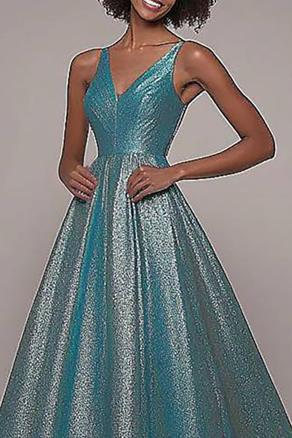 Prom Evening Spaghetti Strap Dress Blue Metallic Fabric Floor-Length Gown