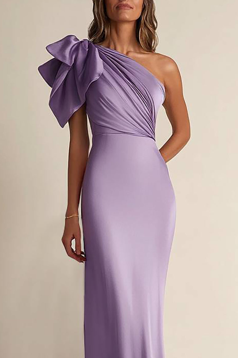 Formal Evening Satin Dress Purple One-Shoulder Pleated Floor-Length Dress