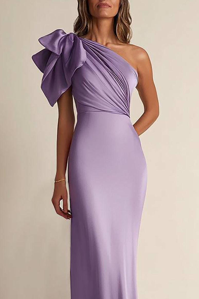 Formal Evening Satin Dress Purple One-Shoulder Pleated Floor-Length Dress