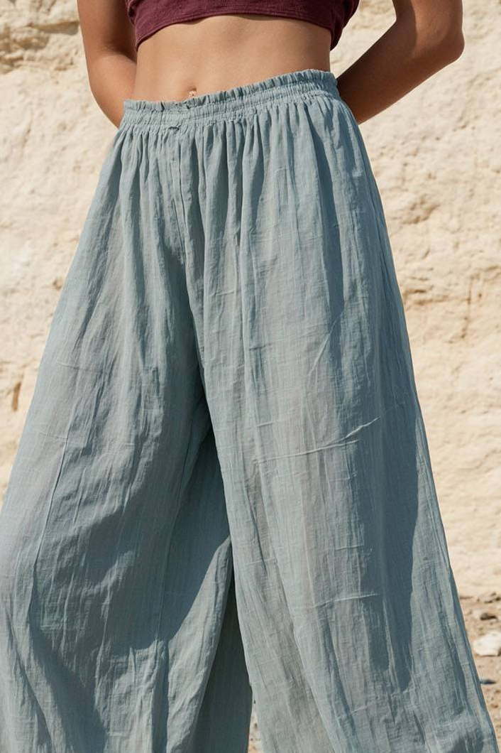 Vacation Casual Pants Blue Breathable Elastic Waist Loose Cuffed Pants