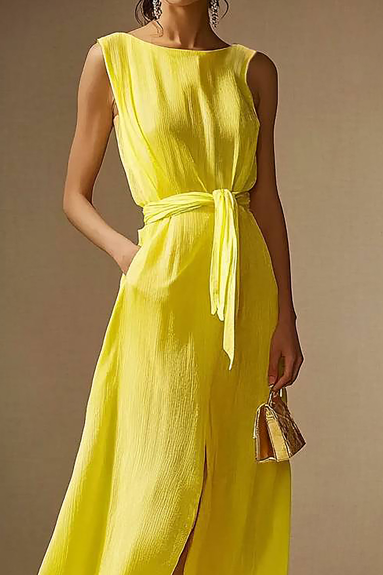 Daily Casual Dress Yellow Sleeveless Round Neck Slit with Pockets Maxi Dress