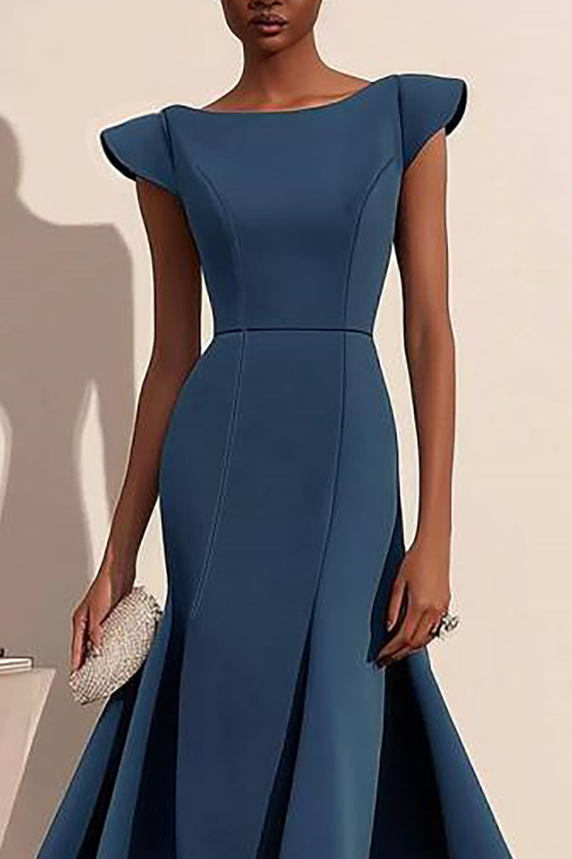 Elegant Semi-Formal Dress Dark Blue Boat Neck Sleeveless Midi Gown