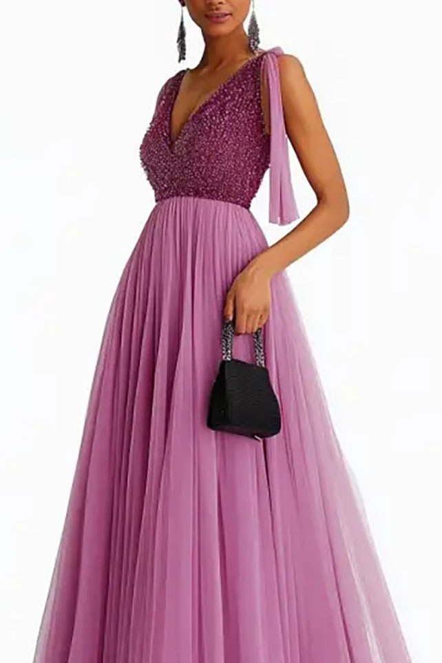 Formal Prom Dress Purple Sequin Tulle V-Neck Floor-Length Dress