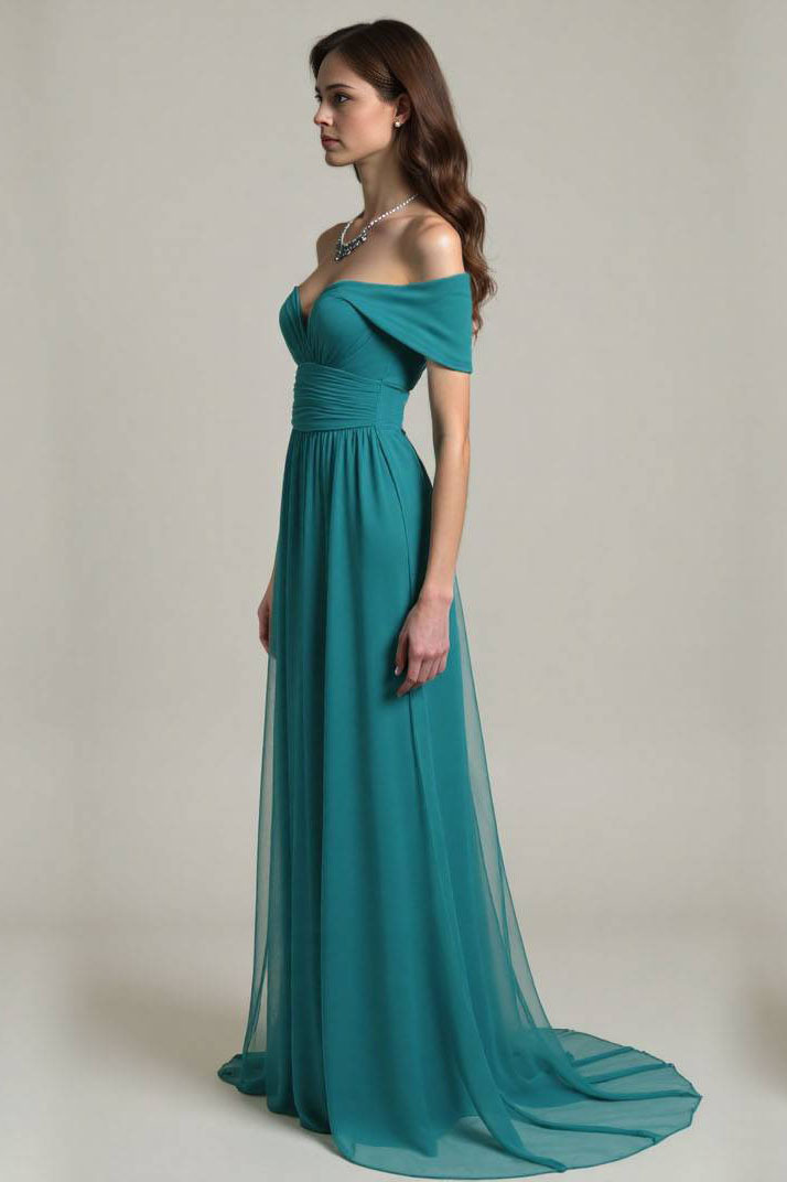Formal Evening Chiffon Dress Green Off-Shoulder Floor-Length Dress