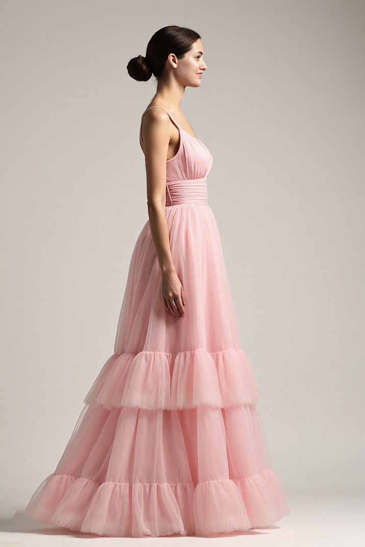 Formal Prom Dress Pink Tulle Spaghetti Strap Multi-Layer Floor-Length Dress