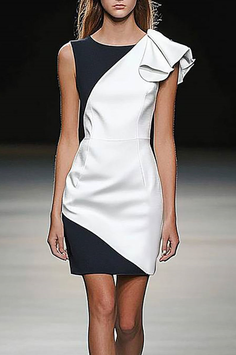 Date Party Dress Black White Colorblock Sleeveless Shoulder Detail Mini Dress