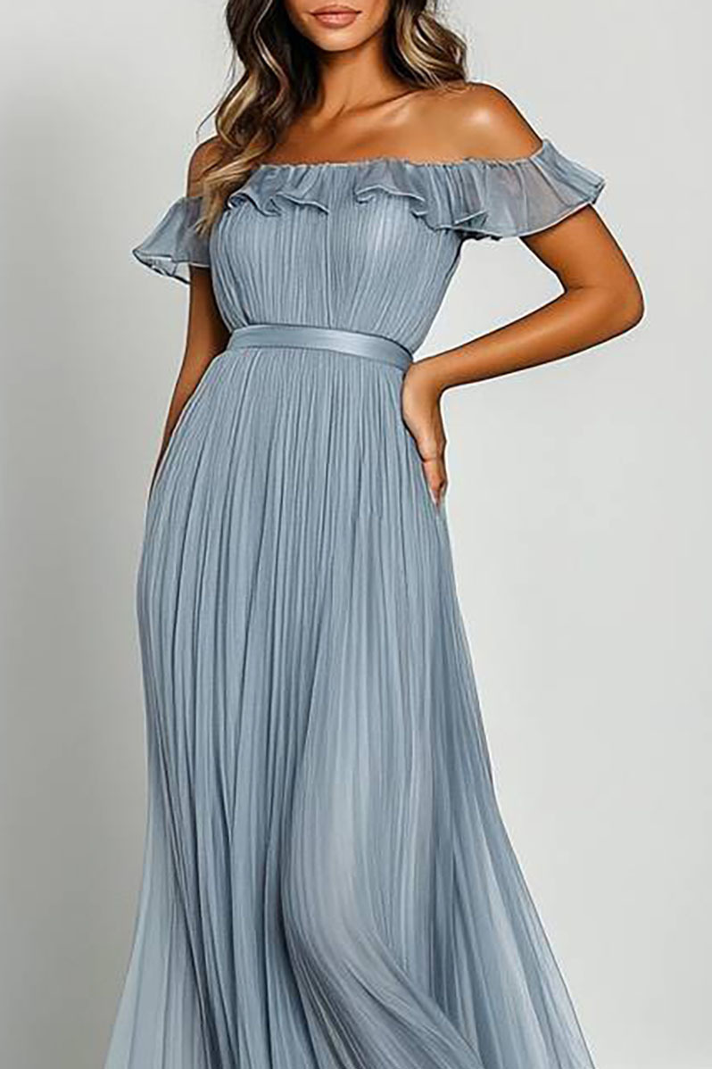 Wedding Guest Party Dress Light Blue Off-Shoulder Ruffle Pleated Maxi Dress