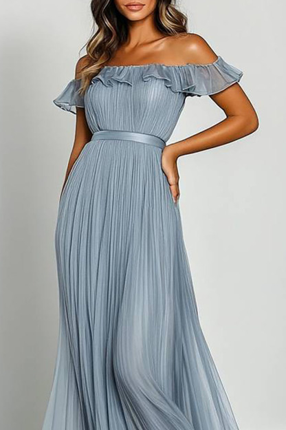Wedding Guest Party Dress Light Blue Off-Shoulder Ruffle Pleated Maxi Dress