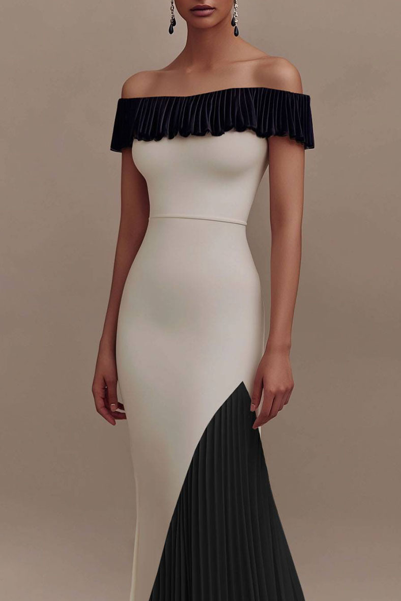 Formal Evening Gown Color Block Off-Shoulder Pleated Floor-Length Dress