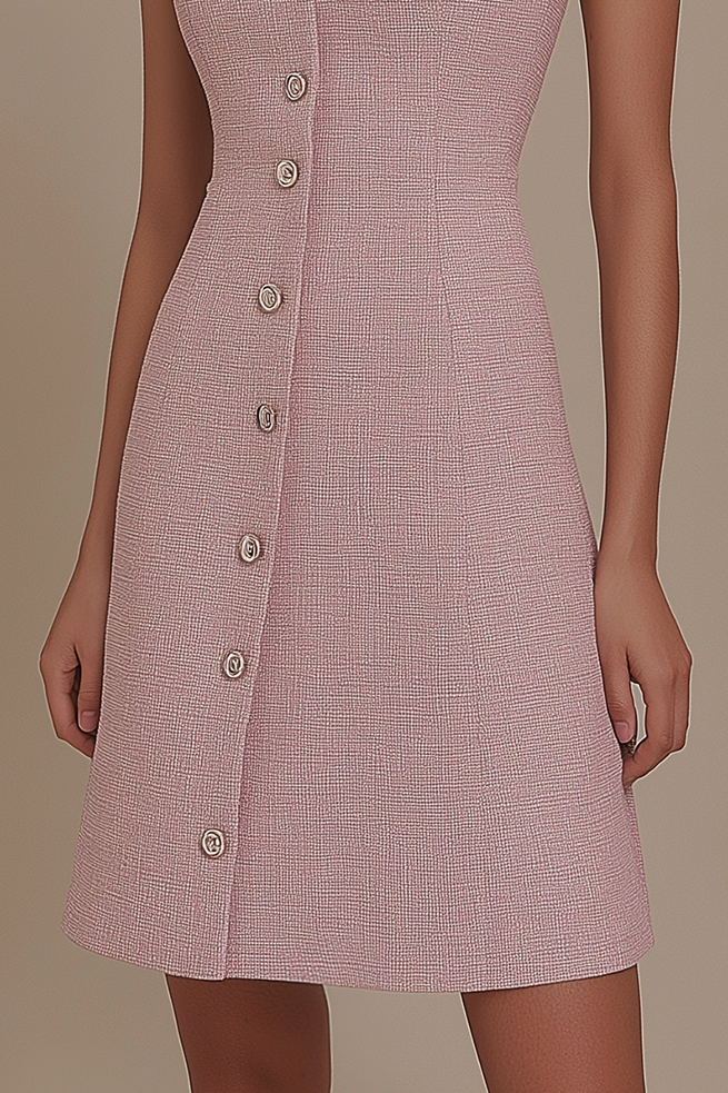 Party Daily Dress Square Neck Pink Sleeveless Button Mini Dress