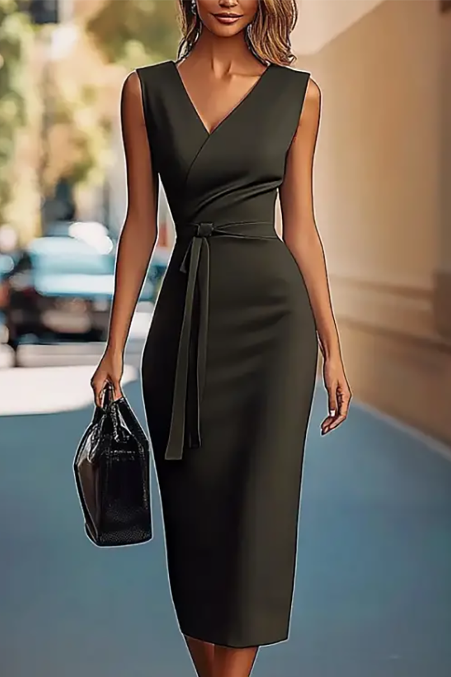 Semi-Formal Business Dress Dark Green Sleeveless Tie Waist Midi Dress