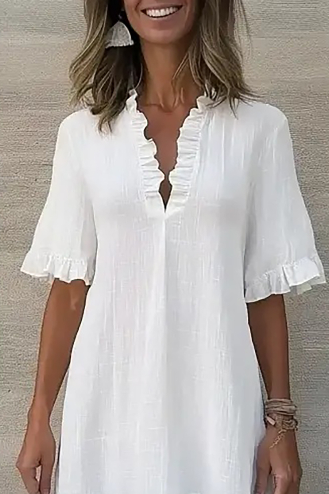 Casual Daily Top White Linen Ruffle V-neck Half-Sleeve Loose Top